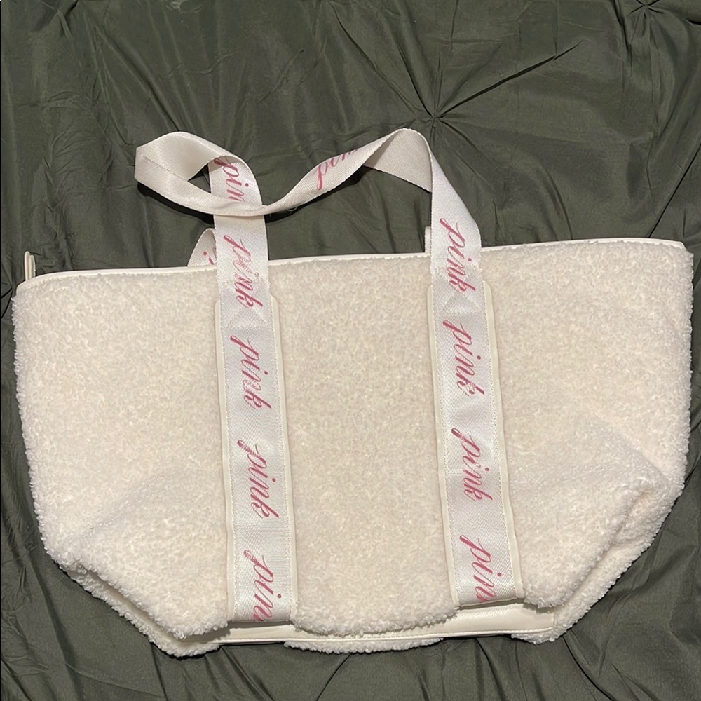 PINK Victoria's Secret White Canvas Tote with Patterned Straps